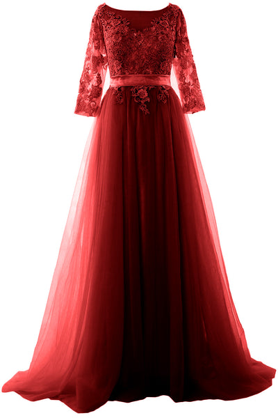 MACloth Elegant Half Sleeve Prom Dress Lace Tulle Maxi Evening Formal Gown
