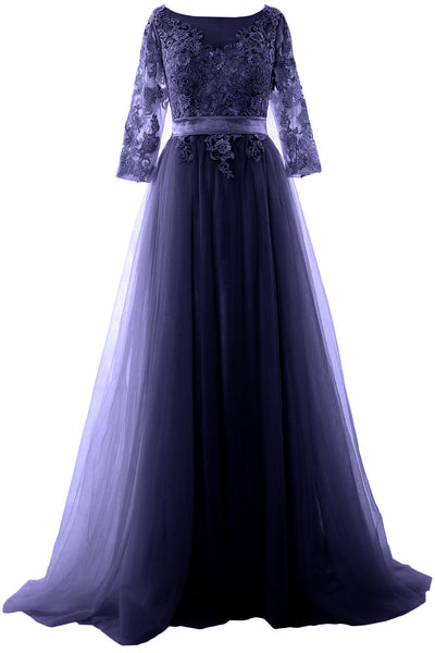 MACloth Elegant Half Sleeve Prom Dress Lace Tulle Maxi Evening Formal Gown