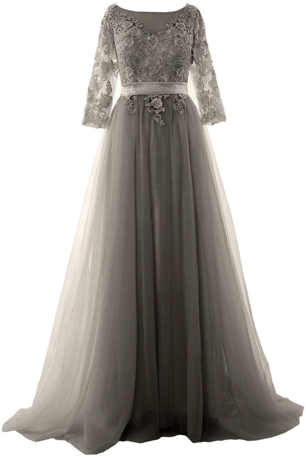 Vestido de fiesta elegante de media manga MACloth con encaje y tul, vestido formal de noche largo