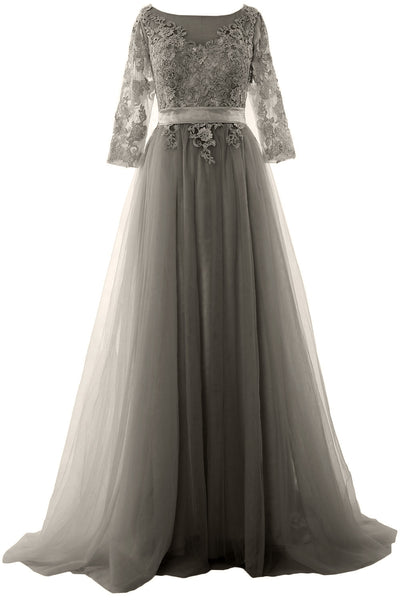 MACloth Elegant Half Sleeve Prom Dress Lace Tulle Maxi Evening Formal Gown
