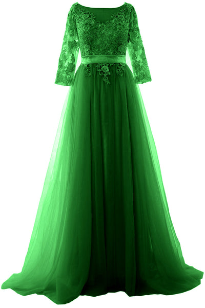 MACloth Elegant Half Sleeve Prom Dress Lace Tulle Maxi Evening Formal Gown