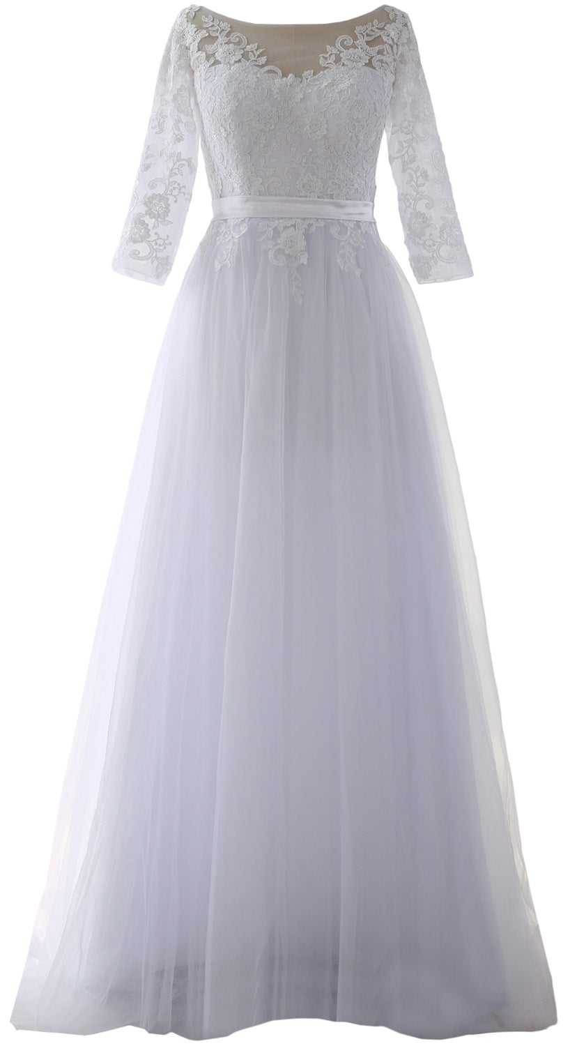 Vestido de fiesta elegante de media manga MACloth con encaje y tul, vestido formal de noche largo