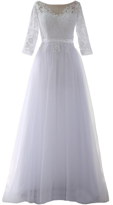 MACloth Elegant Half Sleeve Prom Dress Lace Tulle Maxi Evening Formal Gown