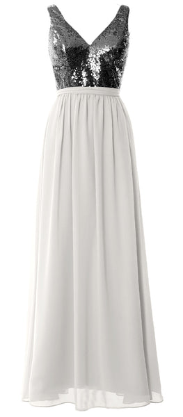 MACloth Women Straps V Neck Sequin Maxi Bridesmaid Dress 2017 Simple Prom Gown