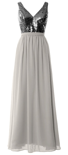 MACloth Women Straps V Neck Sequin Maxi Bridesmaid Dress 2017 Simple Prom Gown