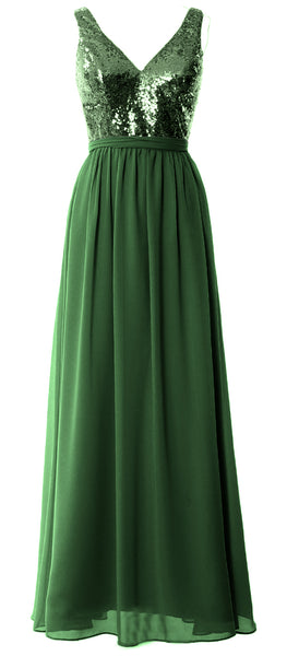 MACloth Women Straps V Neck Sequin Maxi Bridesmaid Dress 2017 Simple Prom Gown
