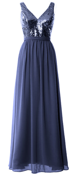 MACloth Women Straps V Neck Sequin Maxi Bridesmaid Dress 2017 Simple Prom Gown