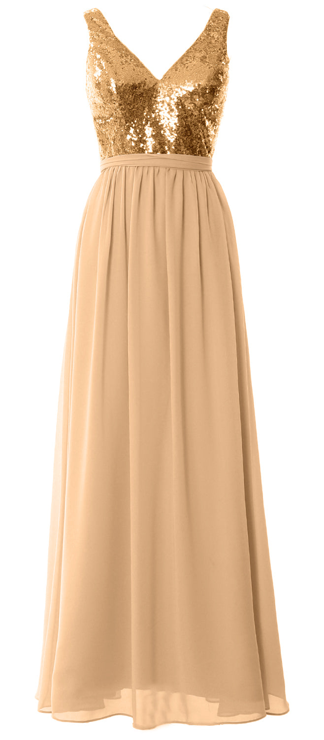 MACloth Women Straps V Neck Sequin Maxi Bridesmaid Dress 2017 Simple Prom Gown