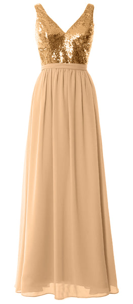 MACloth Women Straps V Neck Sequin Maxi Bridesmaid Dress 2017 Simple Prom Gown