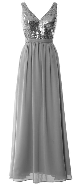 MACloth Women Straps V Neck Sequin Maxi Bridesmaid Dress 2017 Simple Prom Gown