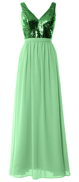 MACloth Women Straps V Neck Sequin Maxi Bridesmaid Dress 2017 Simple Prom Gown