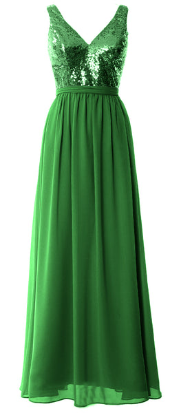 MACloth Women Straps V Neck Sequin Maxi Bridesmaid Dress 2017 Simple Prom Gown