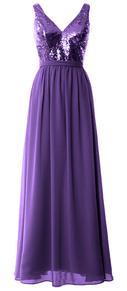 MACloth Women Straps V Neck Sequin Maxi Bridesmaid Dress 2017 Simple Prom Gown