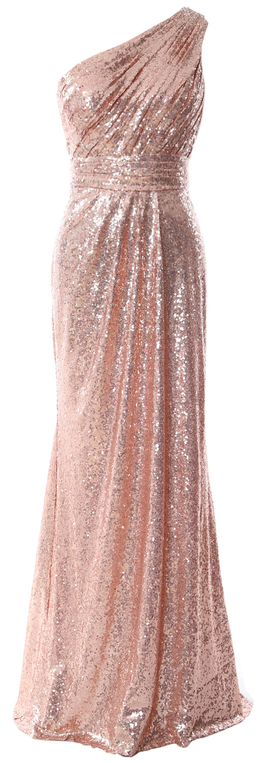 MACloth Damen Brautjungfernkleider One-Shoulder Pailletten Langes formelles Kleid Braut