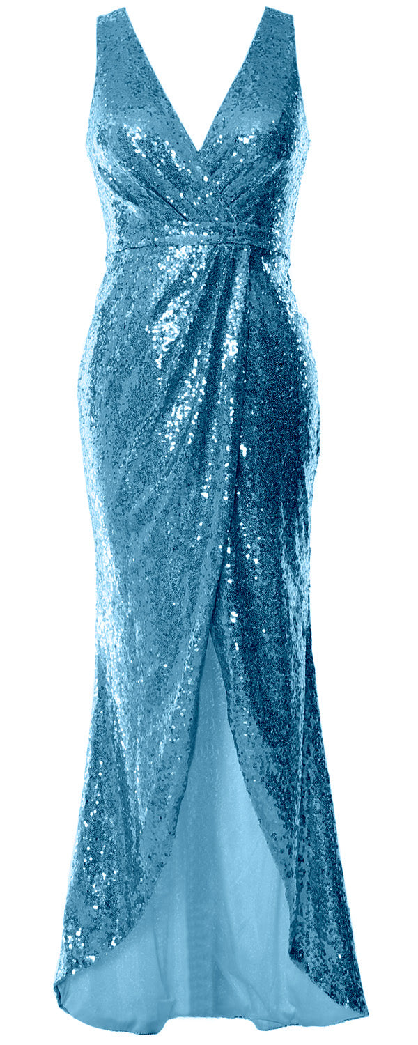 MACloth V Neck Sequin Hi Lo Bridesmaid Dress Simple Long Prom Dress Formal Gown