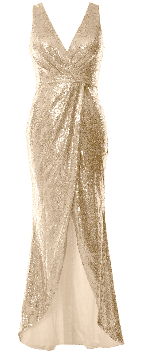 MACloth V Neck Sequin Hi Lo Bridesmaid Dress Simple Long Prom Dress Formal Gown