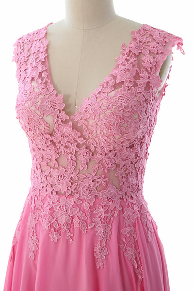 MACloth Elegant V Neck Long Prom Dress Vintage Lace Chiffon Formal Evening Gown