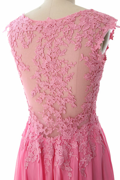 MACloth Elegant V Neck Long Prom Dress Vintage Lace Chiffon Formal Evening Gown