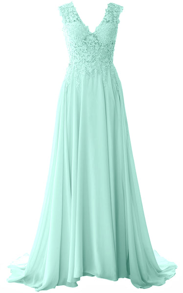 MACloth Elegant V Neck Long Prom Dress Vintage Lace Chiffon Formal Evening Gown