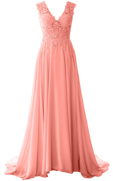 MACloth Elegant V Neck Long Prom Dress Vintage Lace Chiffon Formal Evening Gown