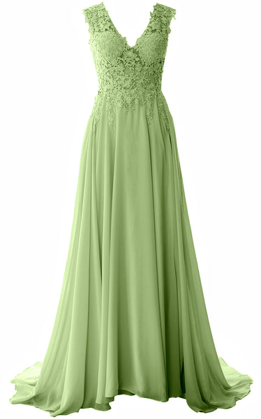MACloth Elegant V Neck Long Prom Dress Vintage Lace Chiffon Formal Evening Gown