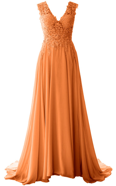 MACloth Elegant V Neck Long Prom Dress Vintage Lace Chiffon Formal Evening Gown
