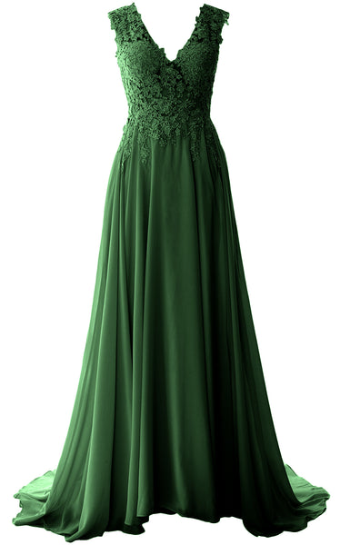 MACloth Elegant V Neck Long Prom Dress Vintage Lace Chiffon Formal Evening Gown
