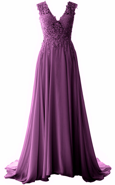 MACloth Elegant V Neck Long Prom Dress Vintage Lace Chiffon Formal Evening Gown