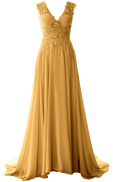 MACloth Elegant V Neck Long Prom Dress Vintage Lace Chiffon Formal Evening Gown