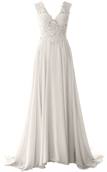 MACloth Elegant V Neck Long Prom Dress Vintage Lace Chiffon Formal Evening Gown