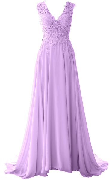 MACloth Elegant V Neck Long Prom Dress Vintage Lace Chiffon Formal Evening Gown