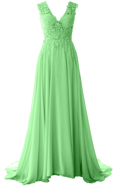 MACloth Elegant V Neck Long Prom Dress Vintage Lace Chiffon Formal Evening Gown