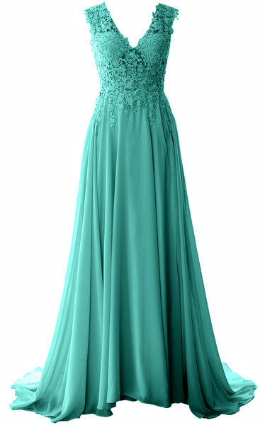 MACloth Elegant V Neck Long Prom Dress Vintage Lace Chiffon Formal Evening Gown