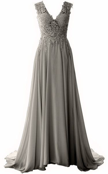 MACloth Elegant V Neck Long Prom Dress Vintage Lace Chiffon Formal Evening Gown