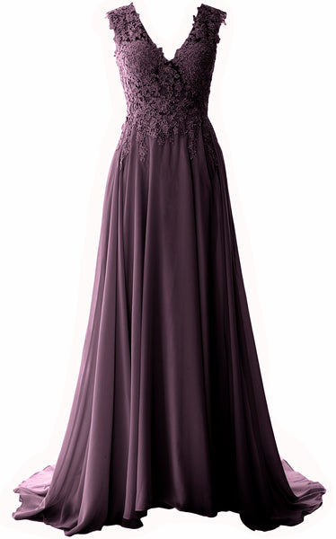 MACloth Elegant V Neck Long Prom Dress Vintage Lace Chiffon Formal Evening Gown