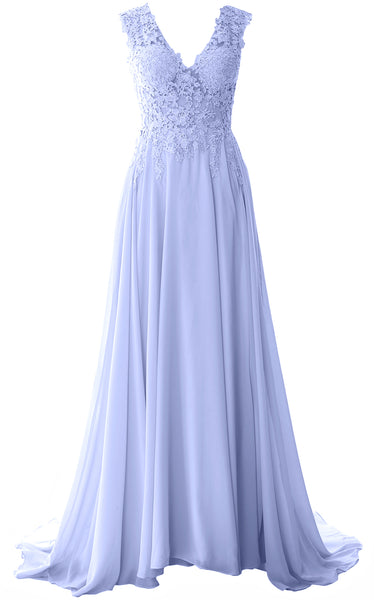 MACloth Elegant V Neck Long Prom Dress Vintage Lace Chiffon Formal Evening Gown