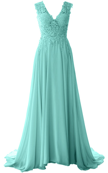 MACloth Elegant V Neck Long Prom Dress Vintage Lace Chiffon Formal Evening Gown