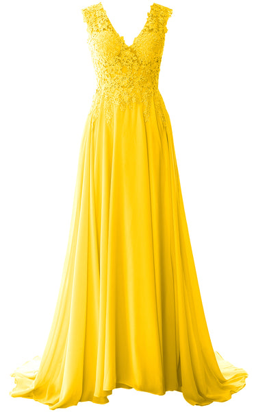MACloth Elegant V Neck Long Prom Dress Vintage Lace Chiffon Formal Evening Gown