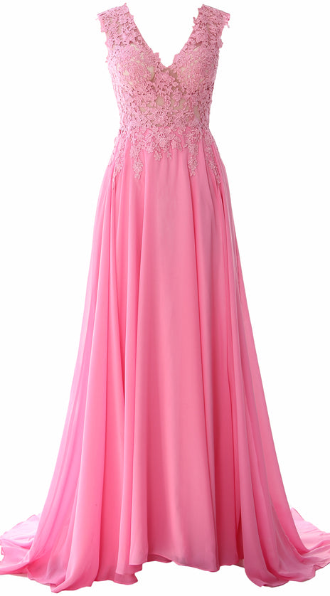 MACloth Elegant V Neck Long Prom Dress Vintage Lace Chiffon Formal Evening Gown