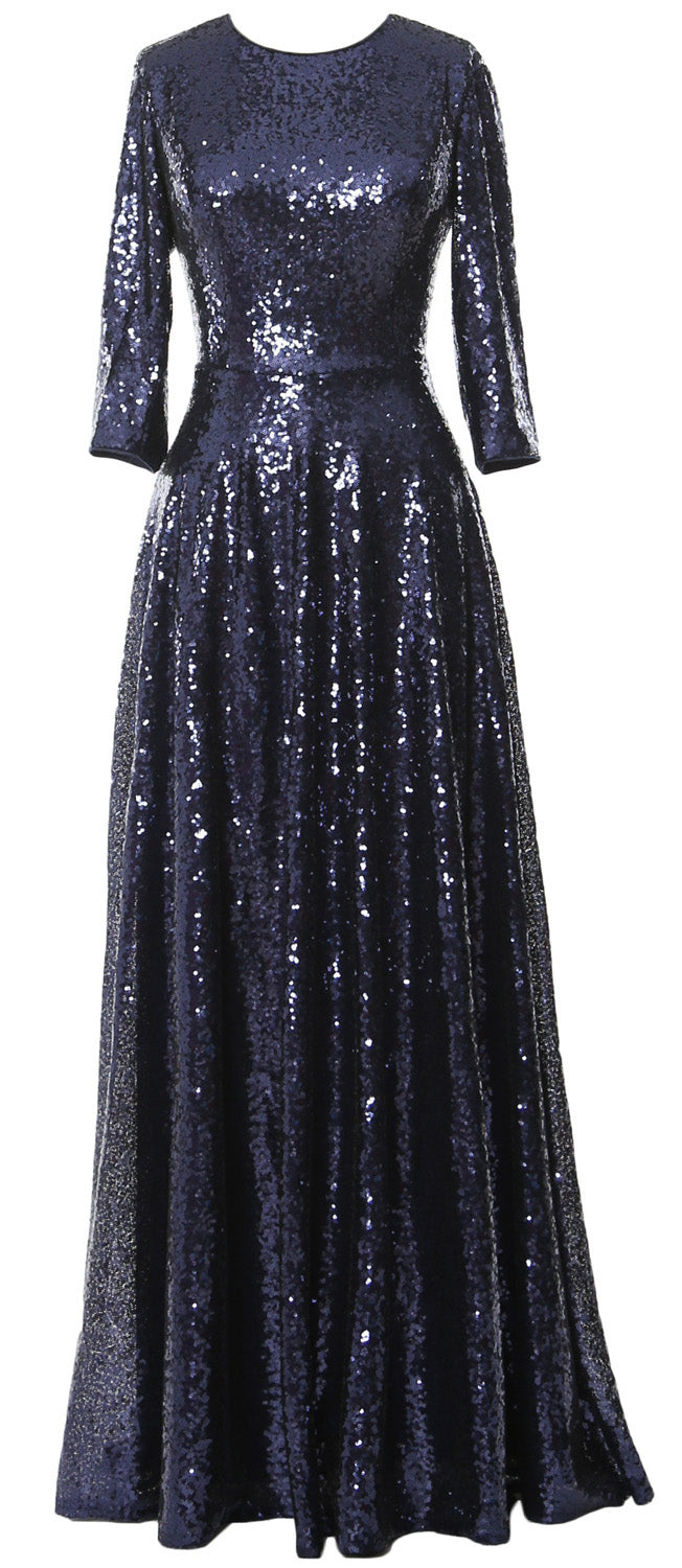 Macloth Women 3/4 Sleeves Sequin Evening Gown Vintage Mother of The Bride Dress Dark Navy / Above Knee / US2