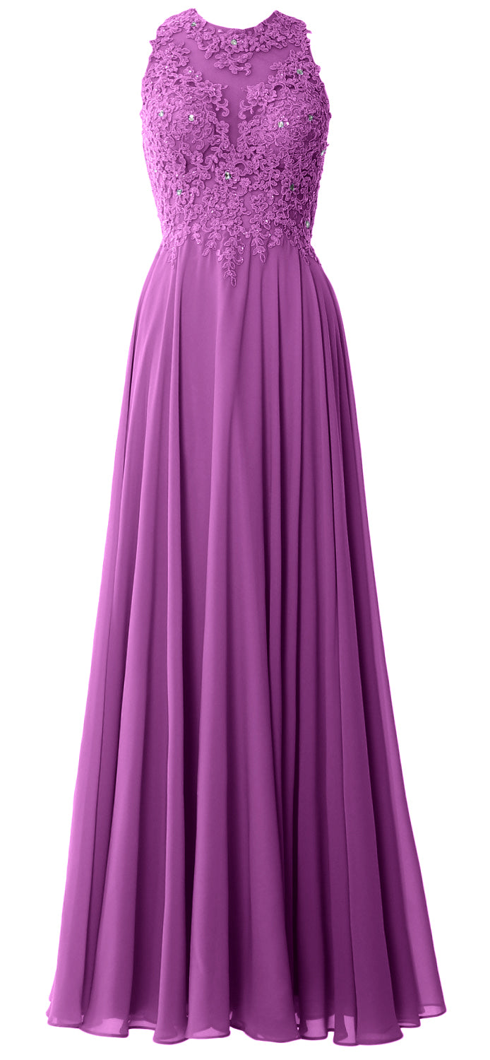 MACloth Elegant High Neck Long Prom Dress Lace Chiffon Formal Party Evening Gown