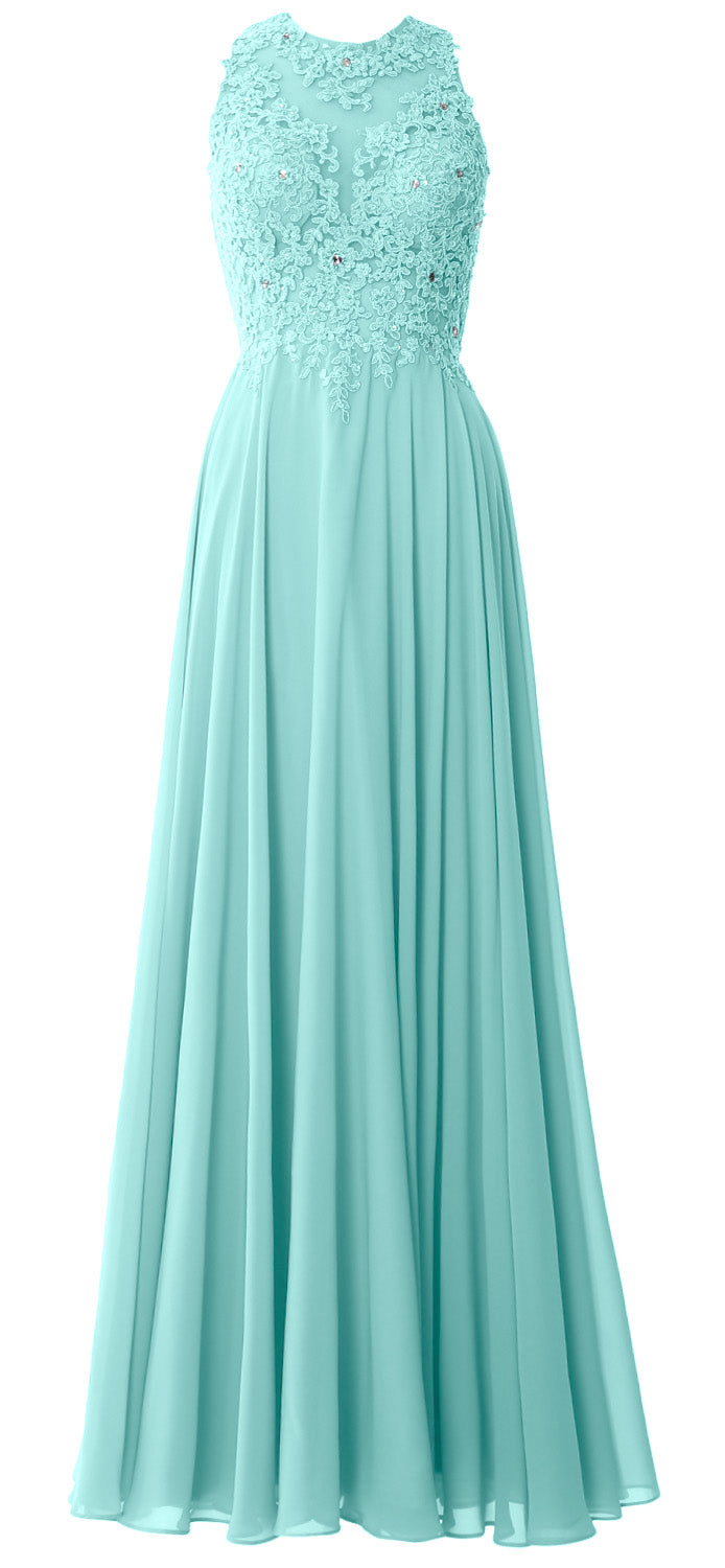 MACloth Elegant High Neck Long Prom Dress Lace Chiffon Formal Party Evening Gown