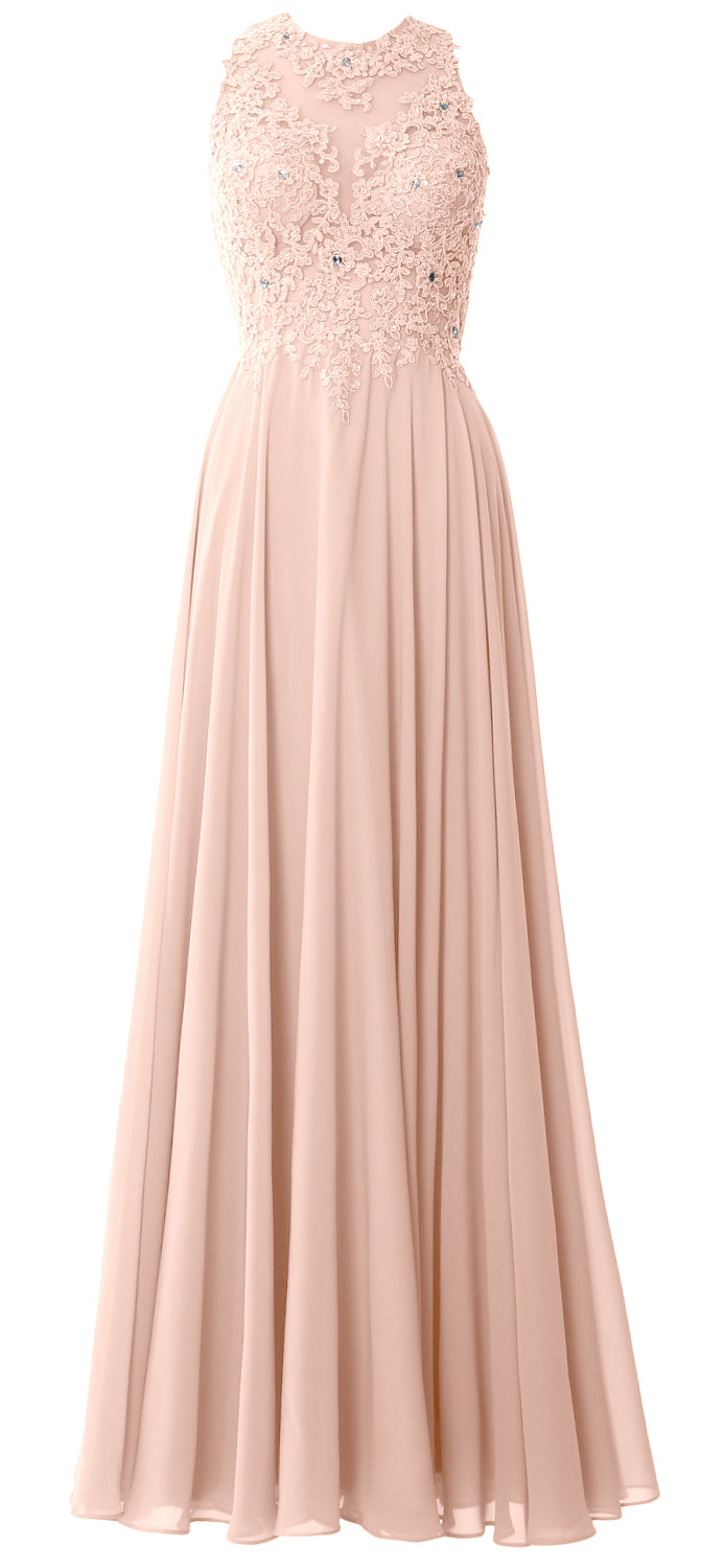 MACloth Elegant High Neck Long Prom Dress Lace Chiffon Formal Party Evening Gown