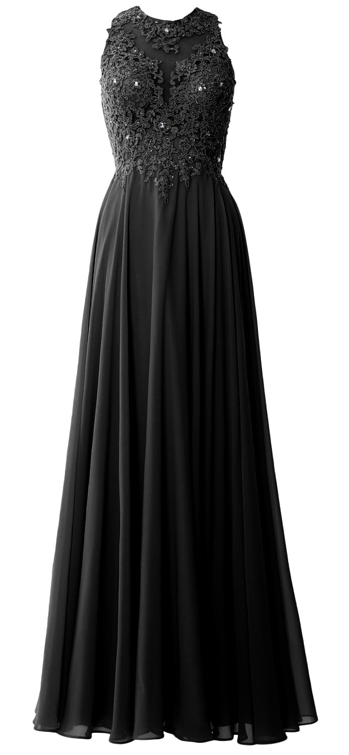 MACloth Elegant High Neck Long Prom Dress Lace Chiffon Formal Party Evening Gown