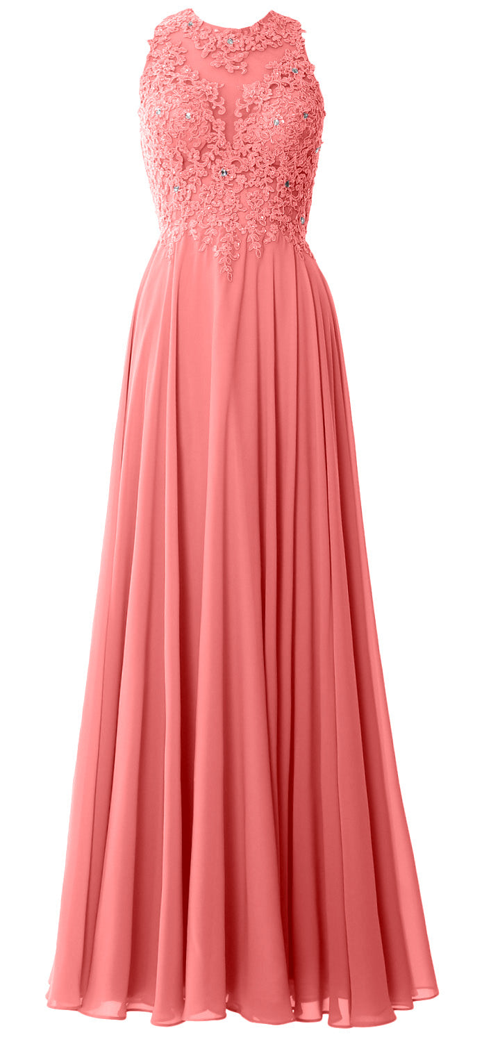 MACloth Elegant High Neck Long Prom Dress Lace Chiffon Formal Party Evening Gown
