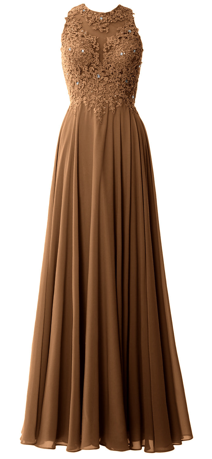 MACloth Elegant High Neck Long Prom Dress Lace Chiffon Formal Party Evening Gown