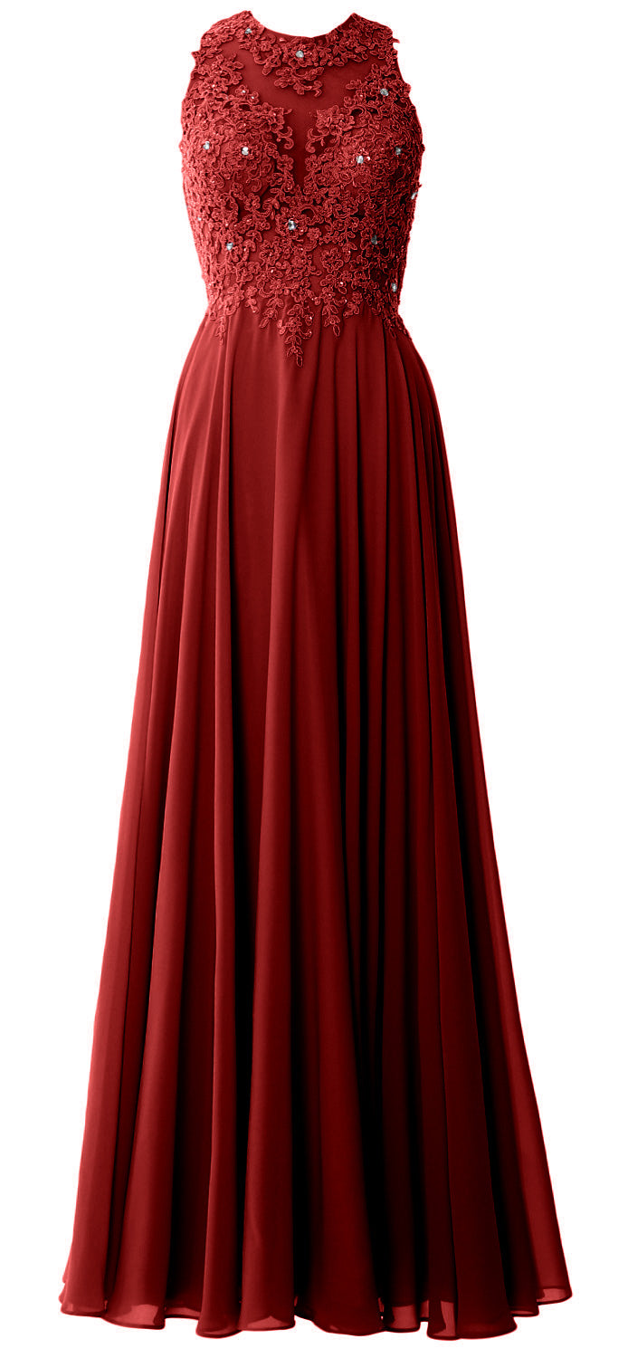 MACloth Elegant High Neck Long Prom Dress Lace Chiffon Formal Party Evening Gown