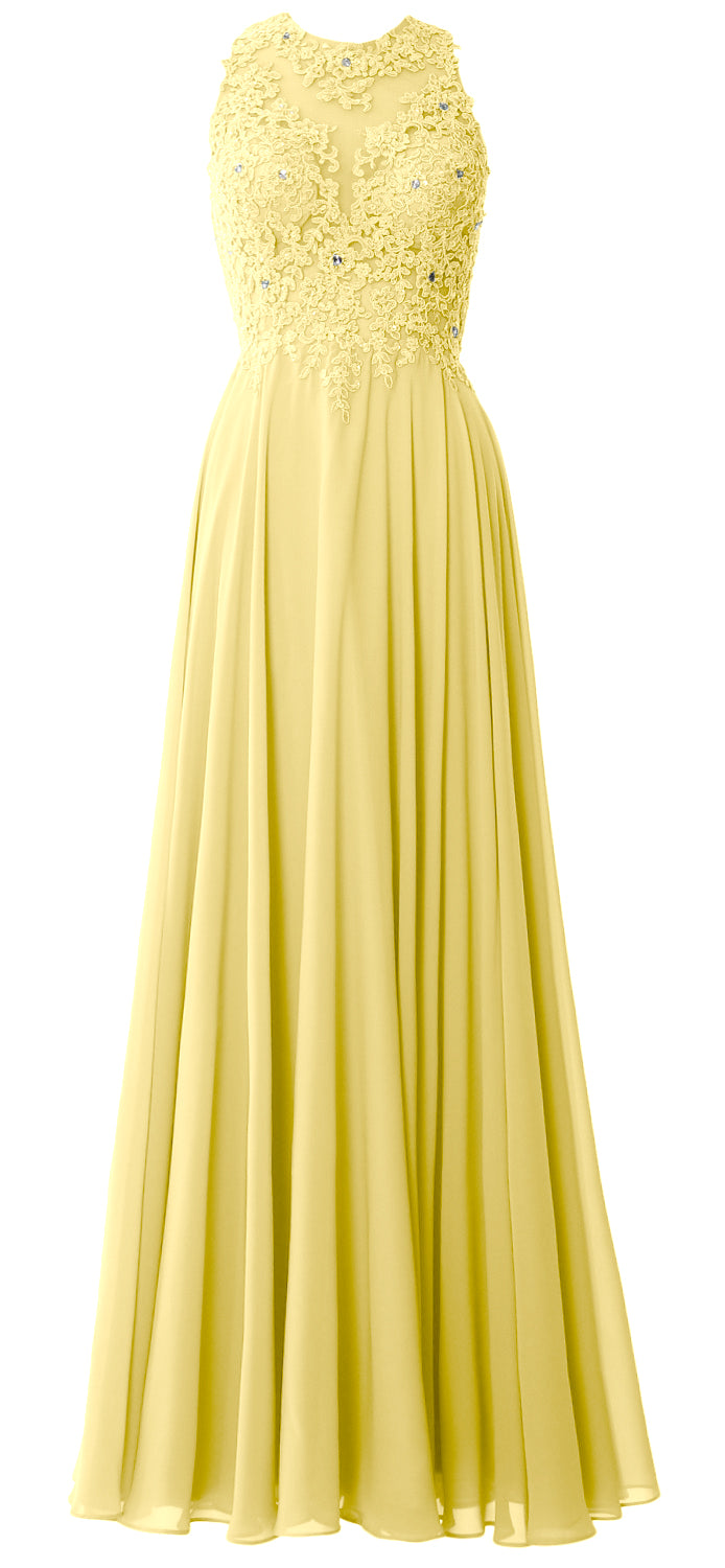 MACloth Elegant High Neck Long Prom Dress Lace Chiffon Formal Party Evening Gown