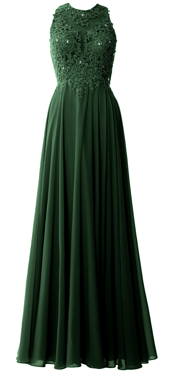 MACloth Elegant High Neck Long Prom Dress Lace Chiffon Formal Party Evening Gown
