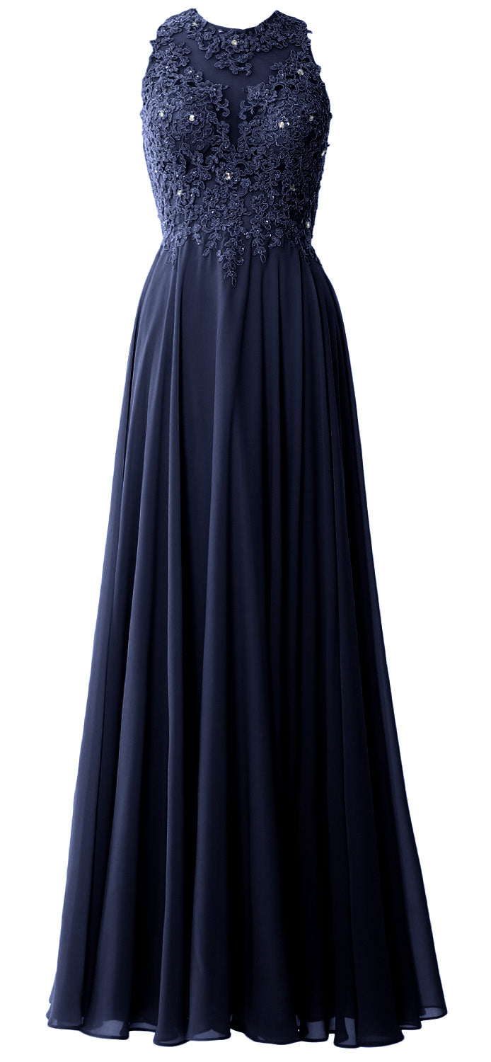 MACloth Elegant High Neck Long Prom Dress Lace Chiffon Formal Party Evening Gown